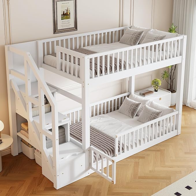 Twin Over Twin Floor Bunk Bed with Storage Ladder and Guardrails,for Kids Teens Adults (White#Ladder, Twin Over Twin)