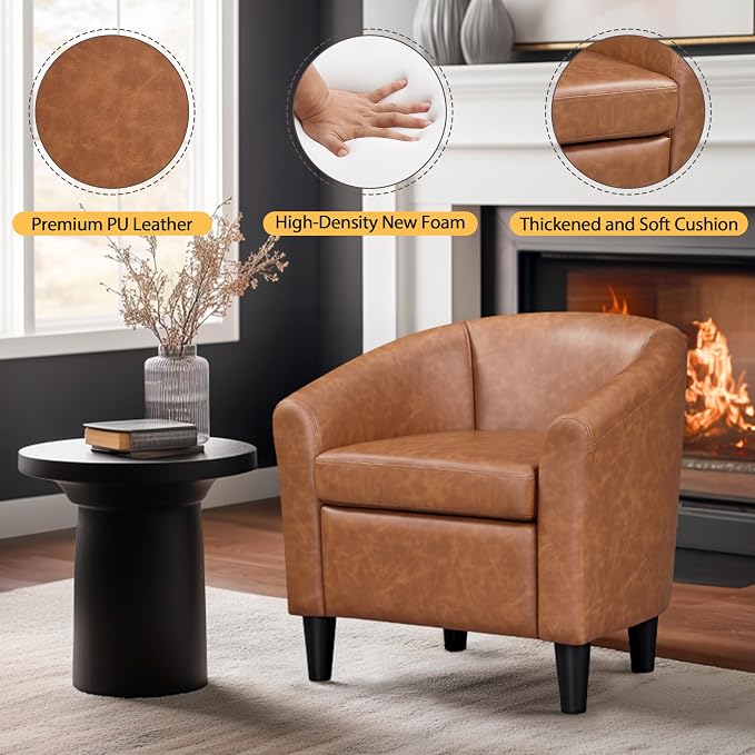 Topeakmart Accent Chair, PU Leather Modern Barrel Chair Club Armchair with Soft Padded for Living Room Bedroom, Brown