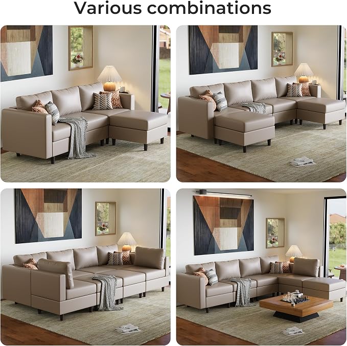 ABCASA Faux Leather Modular Sectional Sofa 118.5", 7 Seater U Shaped Couch with Storage Seat with Reversible Chaise Deep Seat for Living Room Whitesand