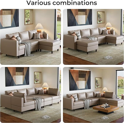 ABCASA 91.5" Faux Leather Luxury Modular Sleeper Sofa Bed with Storage Seat, 6 Seat Sectional Couch Deep Seat with Reversible Chaises & Removable Cover for Living Room - Whitesand