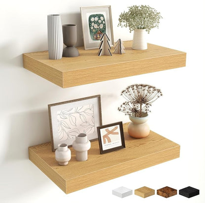 Fun Memories Floating Shelves for Wall - 10 x 16 Floating Shelf - Rustic Wood Storage Shelf - Wall Shelves with Invisible Bracket - 16" Bookshelves for Living Room & Bedroom - Oak - Set of 2