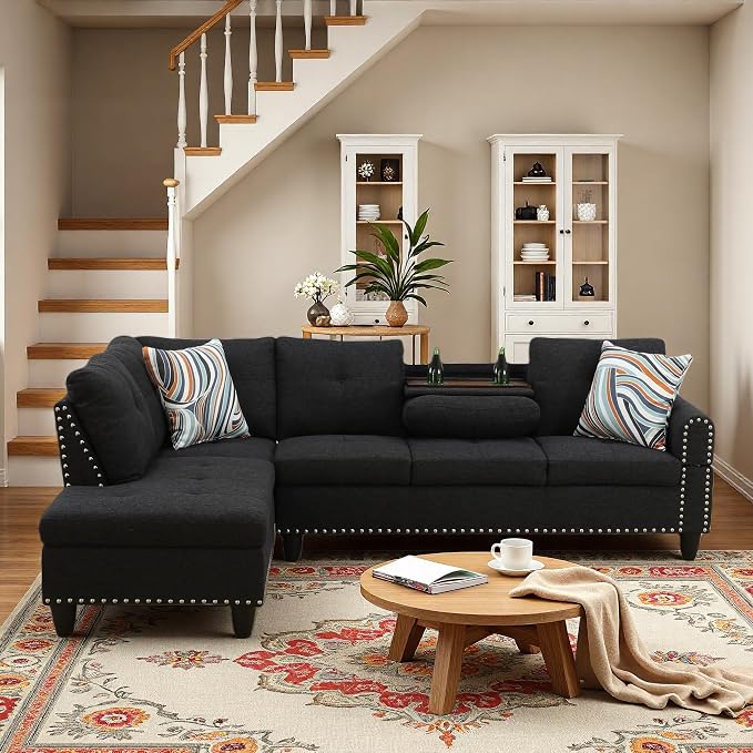 L-Shaped Sectional Sofa, Modern 4-Seat Couch with Built-in Cup Holders, Upholstered Fabric Sectional Couch with Left Facing Chaise for Living Room, Apartment, Office, Black Gray