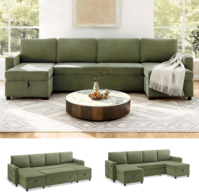 KISLOT 110 Inch Sectional Sleeper Sofa with Pull Out Bed Convertible Plush 2 in 1 Couch with Storage Chaise & USB Charging Comfy L Shaped Modular Couches for Living Room Apartment(3 Box)