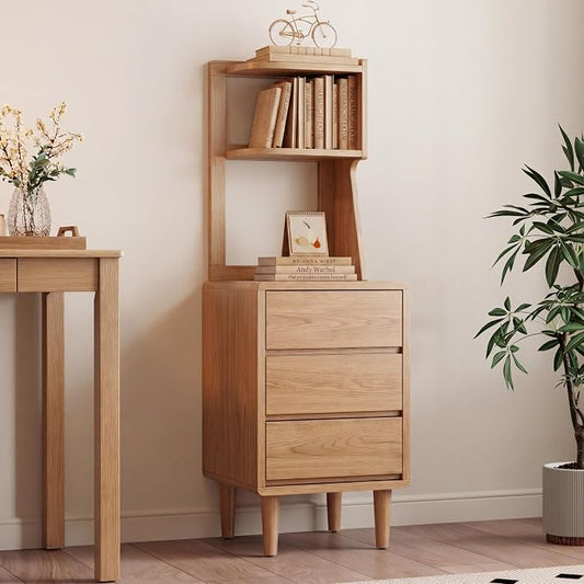 Solid Wood Bookshelf with Drawers,Narrow bookcase with Storage Shelves,Tall Nightstand with Drawers,Mid Century Modern Nightstand,Open Shelf Bookcase,Small Book Shelf for Bedroom,Living Room,Offices
