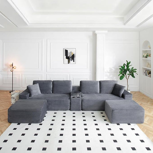 ivoros 125 Inch Modular Sectional Sofa Couch, Oversized Modern Cloud Couch for Living Room, U Shape Couches with 2 Ottomans, USB Ports and Cup Holders, Grey Corduroy Boneless Sofas, Sofa in a Box