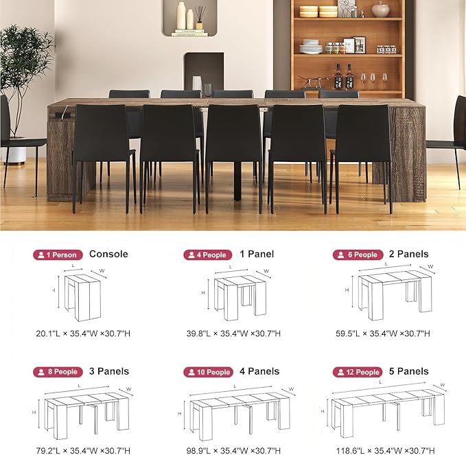Extendable Dining Table, Transformer Console with Storage & Power Outlets, Space Saving Folding Table for 10-12 People, Modern Dining Furniture, Grey
