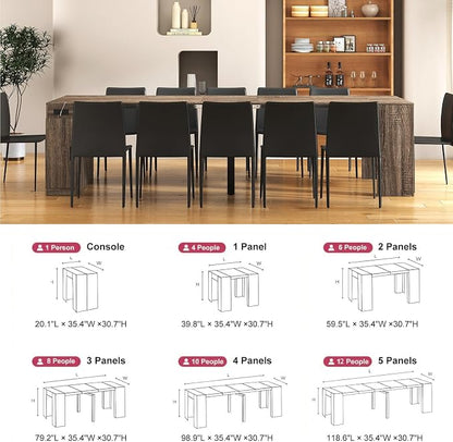 Transformer Table, Expandable Dining Table with Built-in Outlet & Storage, Extendable Folding Console for 10-12 People, Space Saving Dining Room Furniture, Grey