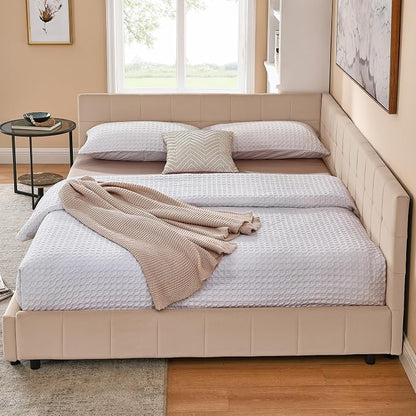 Bellemave Queen Size Corner Bed Frame with Comfortable Backrest and Armrests, Velvet Tufted Corner Bed Frame Queen Size, Upholstered Daybed for Bedroom, Living Room, Guest Room, Pink