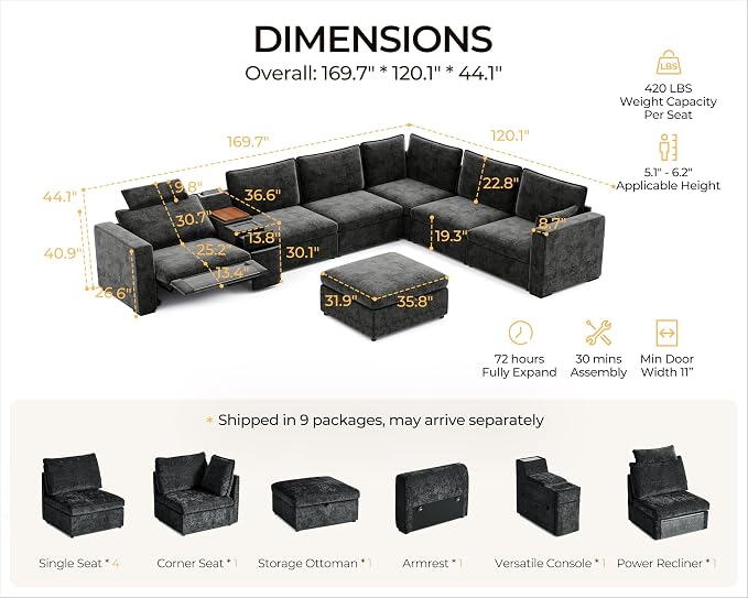 169.7" Oversized Modular Power Recliner Sofa with Headrest, Wall Hugger Cloud Reclining Couch, Drawer Charging Cup Holders, Deep 7-Seater Sectional with Corner and Storage Ottoman, Chenille, Black