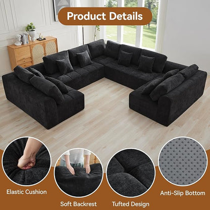 140''Modular Sectional Couches for Living Room, Cloud Boneless Compressed Sectional Sofa, Oversized U Shaped 9 Seater Upholstered Memory Foam Sofa, No Assembly, Chenille Black