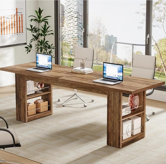 Tribesigns 2-Person Desk, 79-Inch Extra Long Office Desk with Storage Shelves, Work Table, Conference Table for Home Office, Natural Brown