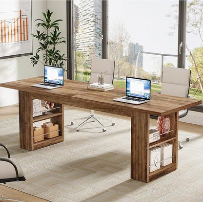 Tribesigns 2-Person Desk, 79-Inch Extra Long Office Desk with Storage Shelves, Work Table, Conference Table for Home Office, Natural Brown