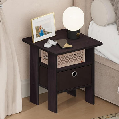 Furinno TIDUR 3-Tier Night Stand, Nightstand with Storage Bin, Dark Walnut | Open Shelf Design, Bedside Table, End Table, Side Table for Bedroom, Living Room