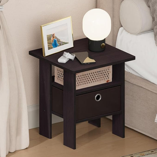 Furinno TIDUR 3-Tier Night Stand, Nightstand with Storage Bin, Dark Walnut | Open Shelf Design, Bedside Table, End Table, Side Table for Bedroom, Living Room