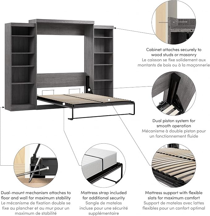 Bestar Pur Queen Murphy Bed and 2 Shelving Units, 115-inch Space-Saving Sleeping Arrangement with Storage in Bark Grey