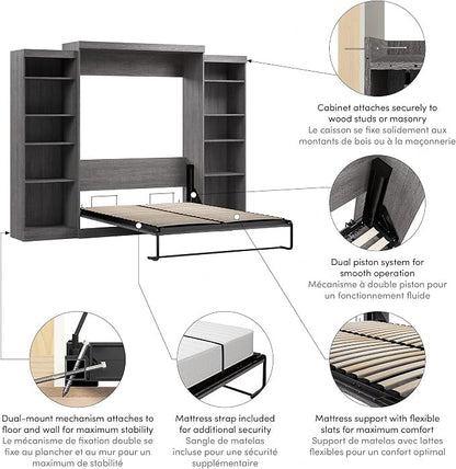 Bestar Pur Queen Murphy Bed and 2 Shelving Units, 115-inch Space-Saving Sleeping Arrangement with Storage in Bark Grey
