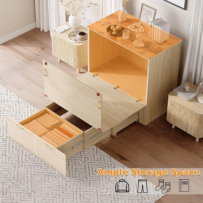 VINGLI Twin Murphy Bed with Storage Drawer,Fluted Wooden Foldable Bed Cabinet with Charging Station,Boho,Hideaway Paltform Panel Bed for Small Spaces,Guest Room,Office,Apartment,Beige