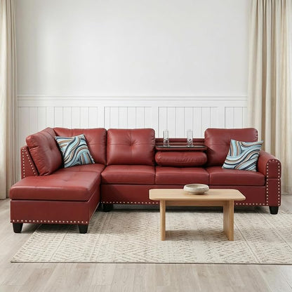 L-Shaped Sectional Sofa, Modern 4-Seat Couch with Built-in Cup Holders, Leather Sectional Couch with Left Facing Chaise for Living Room, Apartment, Office, Red