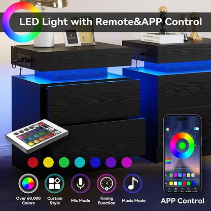 LIKIMIO Nightstand Set of 2 with Charging Station LED Light 2 Drawers Black | set of 2; bedside table; end table; charging station; LED light; 2 drawers; black wood grain; small space