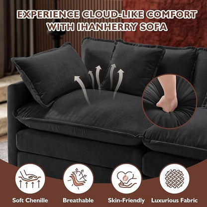 Ihanherry U-Shaped Modern Sofa 146" Modular Sectional Cloud Couch with 2 Ottoman, 6-Seat Chenille Deep Seat Sofa with 6 Pillows for Living Room, Black