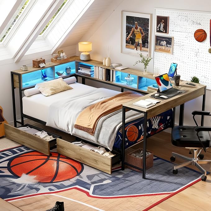 Bellemave Twin Size Corner Bed Frame with Storage Drawers, Bookcase and Side Desk, Twin Corner Bed with Light and Charging Station, Daybed for Bedroom, Living Room, Guest Room Gray
