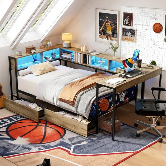 Bellemave Twin Size Corner Bed Frame with Storage Drawers, Bookcase and Side Desk, Twin Corner Bed with Light and Charging Station, Daybed for Bedroom, Living Room, Guest Room Gray