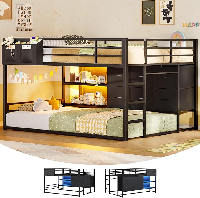 Full Over Twin Bunk Bed with 6 Drawers, Metal Frame Bunk Bed with LED Lights, Convertible Storage Bunk Bed with Extra-High Guardrails & Non-Slip Ladder, 2-Way Installation,for Teens, Black