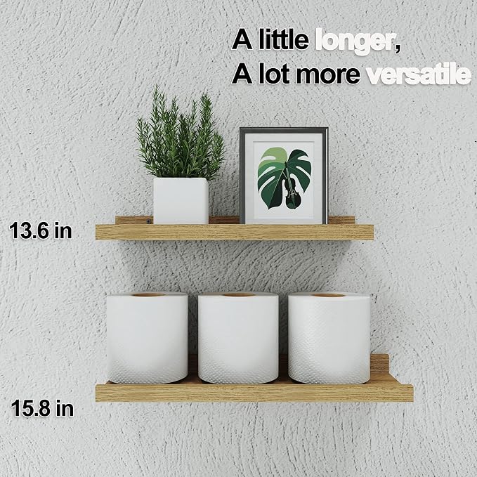 Floating Shelves for Wall Decor, Wall Mounted Wood Storage Shelf for Bedroom, Living Room, Bathroom, Kitchen, Nursery, Display Picture Ledge Shelf with Lip Set of 2-14 Inches, Oak