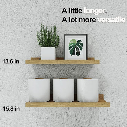 Floating Shelves for Wall Decor, Wall Mounted Wood Storage Shelf for Bedroom, Living Room, Bathroom, Kitchen, Nursery, Display Picture Ledge Shelf with Lip Set of 2-14 Inches, Oak