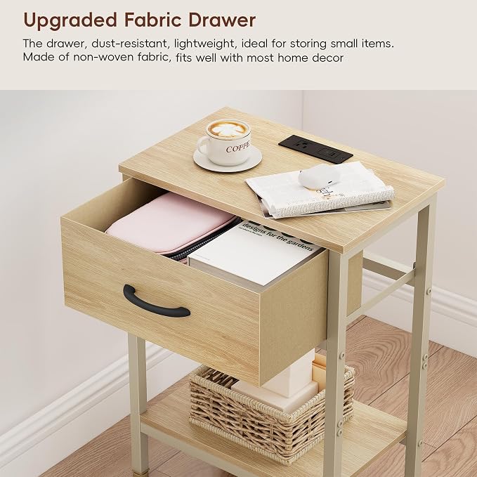 Vagusicc Nightstand Set of 2 with Charging Station, Bed Side Table with Fabric Drawer, Small End Table with 2-Tier Storage Shelves, 25.4" Tall Bedside Table, Night Stand for Bedroom Dorm, Natural