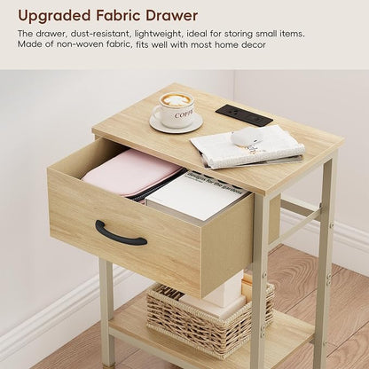 Vagusicc Nightstand Set of 2 with Charging Station, Bed Side Table with Fabric Drawer, Small End Table with 2-Tier Storage Shelves, 25.4" Tall Bedside Table, Night Stand for Bedroom Dorm, Natural