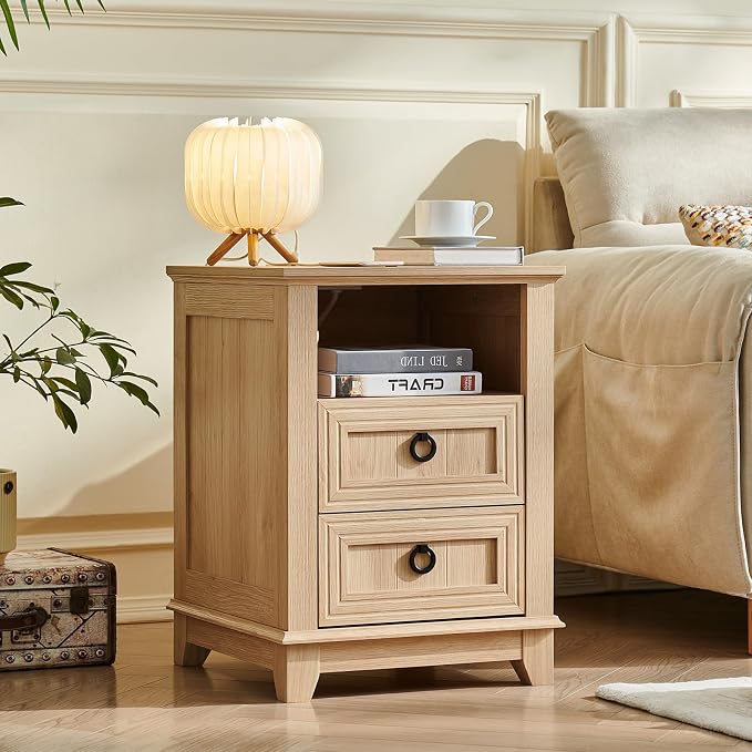 Joaxswe 18" Farmhouse Night Stands Set of 2 with Charging Station, 2 Drawers Bedside End Table, Natural Wooden Nightstand, Bed Side Table Cabinet with Open Shelf for Bedroom Living Room Office