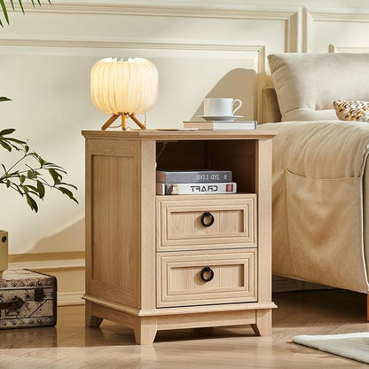 Joaxswe 18" Farmhouse Night Stands Set of 2 with Charging Station, 2 Drawers Bedside End Table, Natural Wooden Nightstand, Bed Side Table Cabinet with Open Shelf for Bedroom Living Room Office