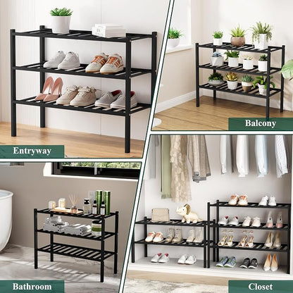 Smiry Small Bamboo Shoe Rack, 6 Tier Free Standing Wooden Shoe Organizer, Stackable Wood Shoe Storage Shelf for Closet, Entryway, 12 Vertical Slats, 2+2+2 Stack Standard Legs, 17.3"x11"x39", Black