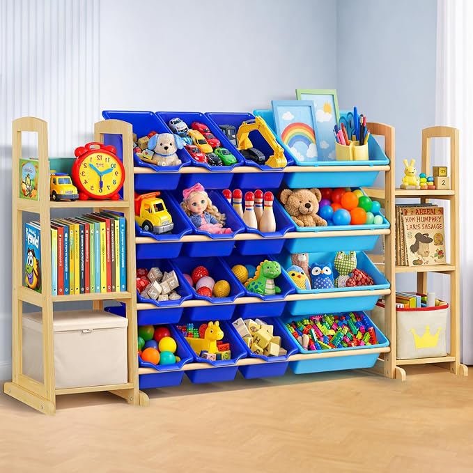 Kids Toy Storage Organizer with Bookshelf – Wooden Shelf with 16 Bins & 6 Shelves, Quick Assembly Storage Rack for Playroom, Bedroom, Nursery - Blue