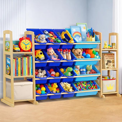 Kids Toy Storage Organizer with Bookshelf – Wooden Shelf with 16 Bins & 6 Shelves, Quick Assembly Storage Rack for Playroom, Bedroom, Nursery - Blue