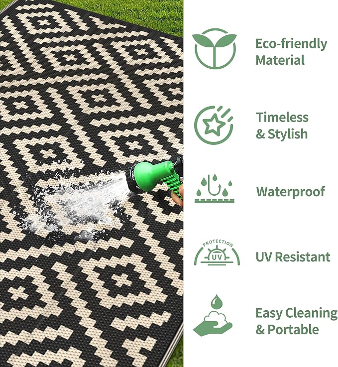 GENIMO Outdoor Rug 4'x6' Waterproof, Reversible Camping Mat, Plastic Straw Rugs for Patio, RV, Camper, Balcony, Backyard, Picnic, Deck (Black & Beige)