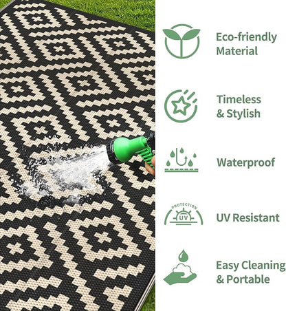 GENIMO Outdoor Rug 4'x6' Waterproof, Reversible Camping Mat, Plastic Straw Rugs for Patio, RV, Camper, Balcony, Backyard, Picnic, Deck (Black & Beige)