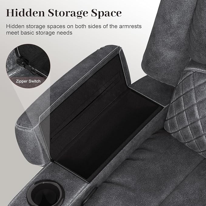 Yolsali Loveseat Recliner Sofa, Manual Wall Hugger Reclining Loveseat with Removable Armrest, 2-Tier Cushions, USB Ports & Cup Holders, RV Couch for Travel Trailers/Living Room, Velvet Gray