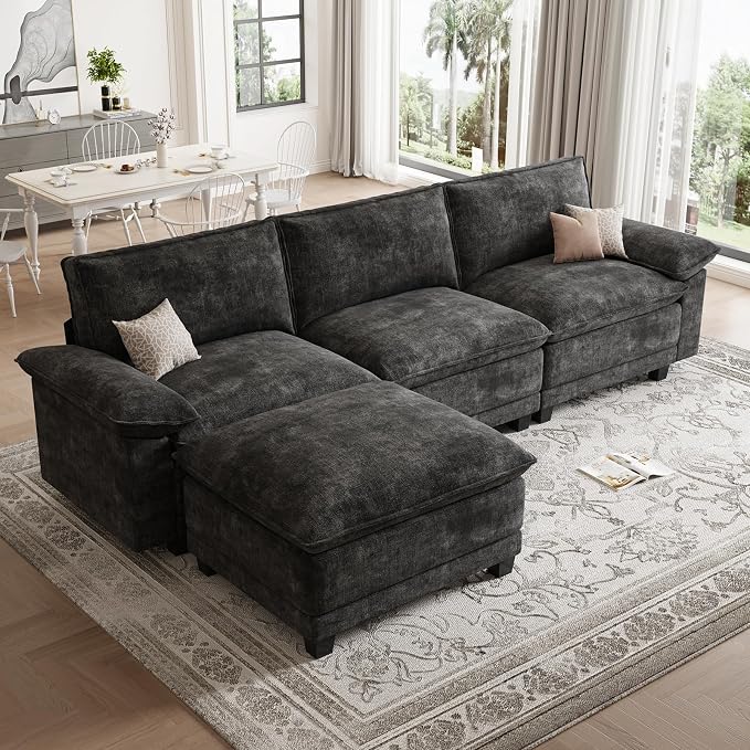 Modern L Shaped Sofa Couches for Living Room, Modular Sectional Cloud Couch with Movable Ottoman, Comfy Chenille Sofa for Apartment and Small Space, Black