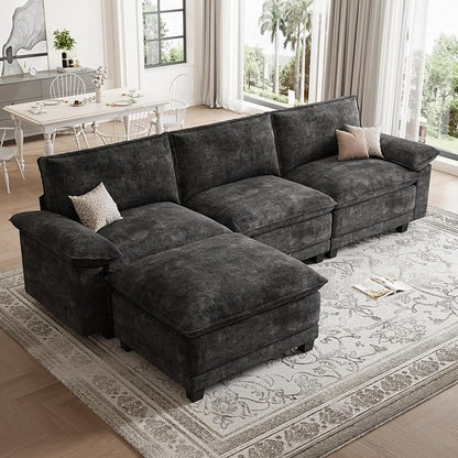 Modern L Shaped Sofa Couches for Living Room, Modular Sectional Cloud Couch with Movable Ottoman, Comfy Chenille Sofa for Apartment and Small Space, Black