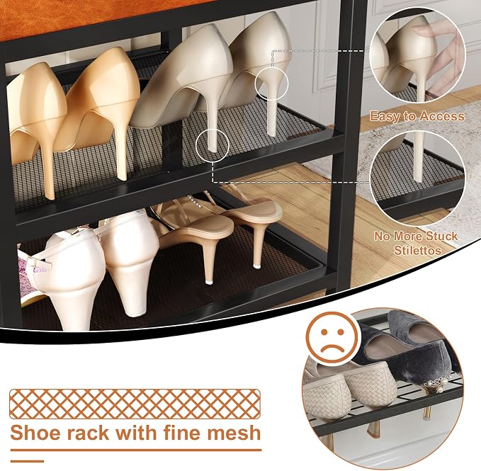 DreamDashio Set of 2 Small Shoe Storage Benches with PU Leather Cushion, 3-Tier Shoe Rack Organizer for Entryway, Metal Mesh Shelves, Holds Up to 300 lbs, Brown (31.5"x11.4"x17.5")