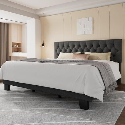 Feonase King Size Bed Frame, Upholstered Bed Platform with Button Tufted Headboard, Heavy Duty Wooden Slats & Thickened Feet, No Box Spring Needed, Noise-Free, Easy Assembly, Dark Grey