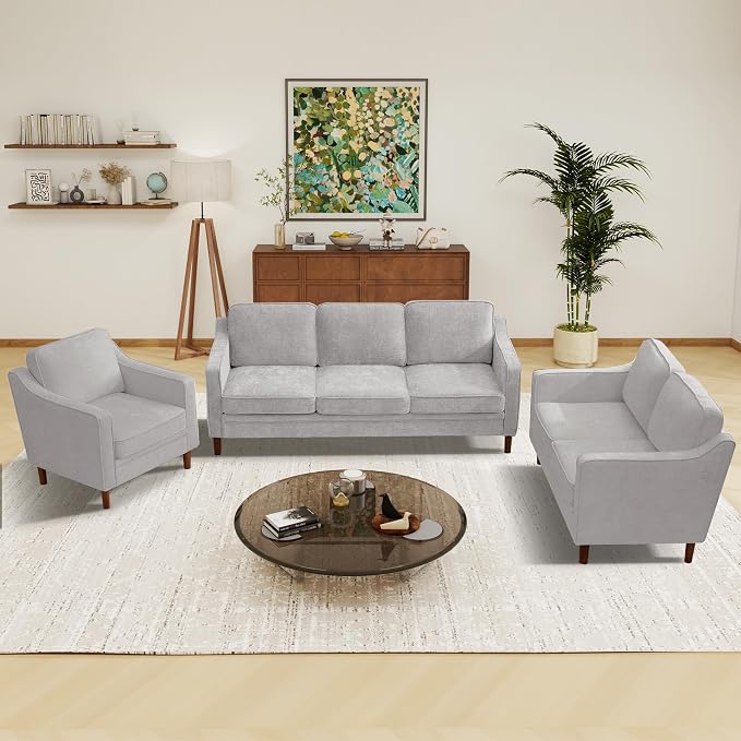Kingfun 3-Piece Sofa Set for Living Room, Mid Century Modern Couch with Loveseat and Chair, Chenille, Solid Wood Frame