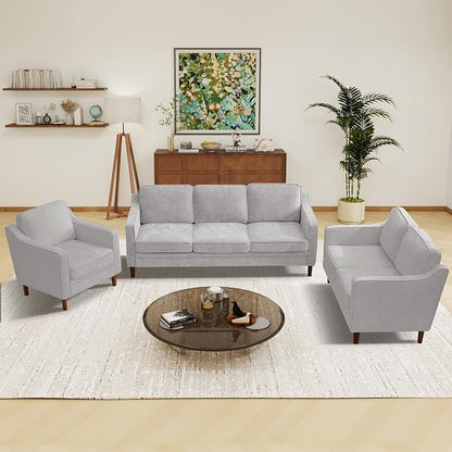 Kingfun 3-Piece Sofa Set for Living Room, Mid Century Modern Couch with Loveseat and Chair, Chenille, Solid Wood Frame