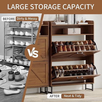 Shoe Cabinet with 2 Flip Drawers, Freestanding Hidden Shoe Storage Organizer for Entryway, Narrow Slim Shoe Rack Cabinet with Open Storage & Hooks for Front Door Entrance, Living Room, Hallway, Walnut