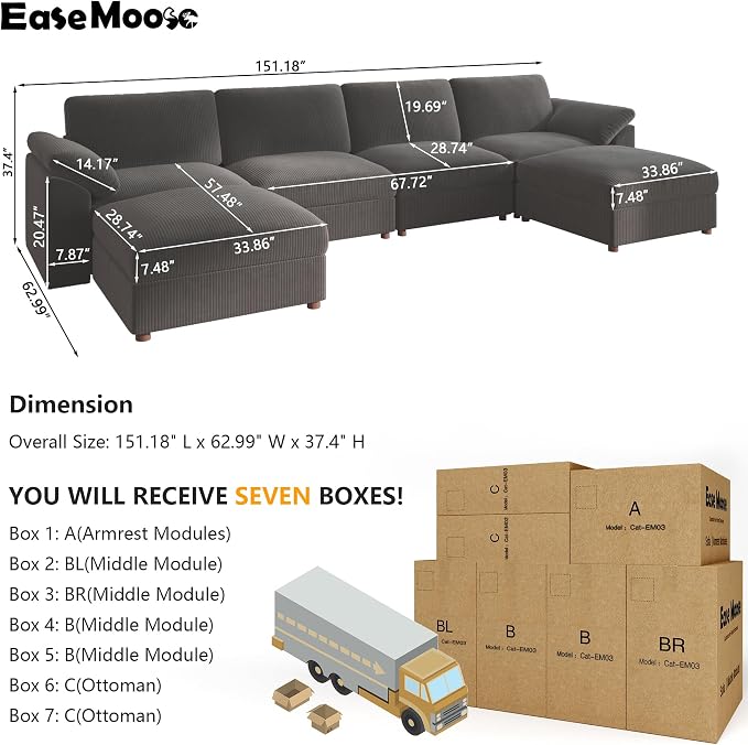 EASE MOOSE U Shape Sectional Couch with Ottoman,Modern Comfort Modular Sectional Sofa,Oversized,Wide Deep Modular Cloud Couch,Removable Cover
