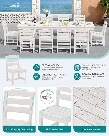 SERWALL 10 Piece 84" HDPE Outdoor Dining Set for 8 with 6 Armless Chair, 2 Armchairs and Umbrella, White