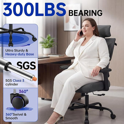 Ergonomic Office Chair, High Back Mesh Computer Chair with Comfortable Adaptive Lumbar Support, Built-in Coat Hanger, SGS Class 4 Gas Lift, Heavy Duty 300lbs for Long Hours Home Office