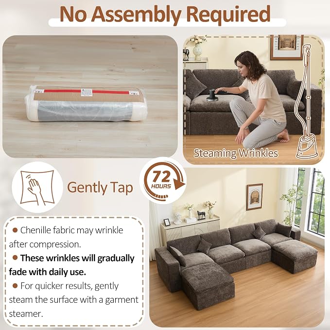 146''Cloud Boneless Sectional Couch, Modular Sectional Sofa Deep Seat with 2 Ottomans, Oversized Upholstered Convertible Comfy 6 Seater Chenille Sofa U Shape Couches for Living Room, Brown
